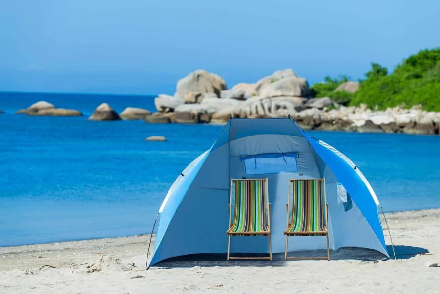 iCorer Deluxe 4-Person Blue Beach Cabana Tent - Portable Sun Shelter for Outdoor, Easy Setup, UV Protection