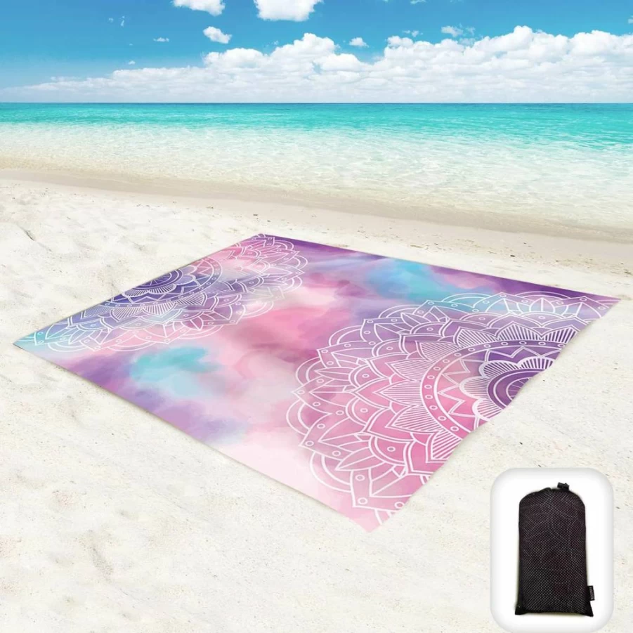 Hiwoss Waterproof Sandproof Beach Blanket 95"x80" - Portable Sand Free Mat with Corner Pockets & Mesh Carry Bag, Oversized Ombre Portland Orange Beach Towel for Outdoor Picnics