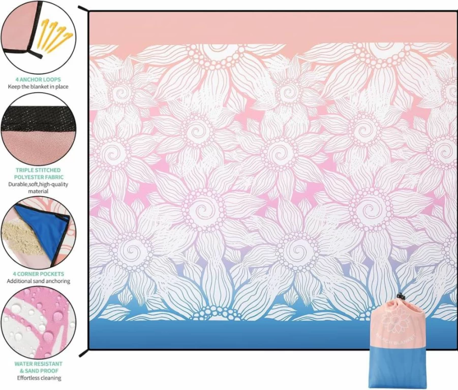 HIHOHO Waterproof Sandproof Beach Blanket Extra Large 79"x83" - Quick Drying Picnic Mat for Outdoor Camping, Travel & Hiking, Fits 1-8 Adults