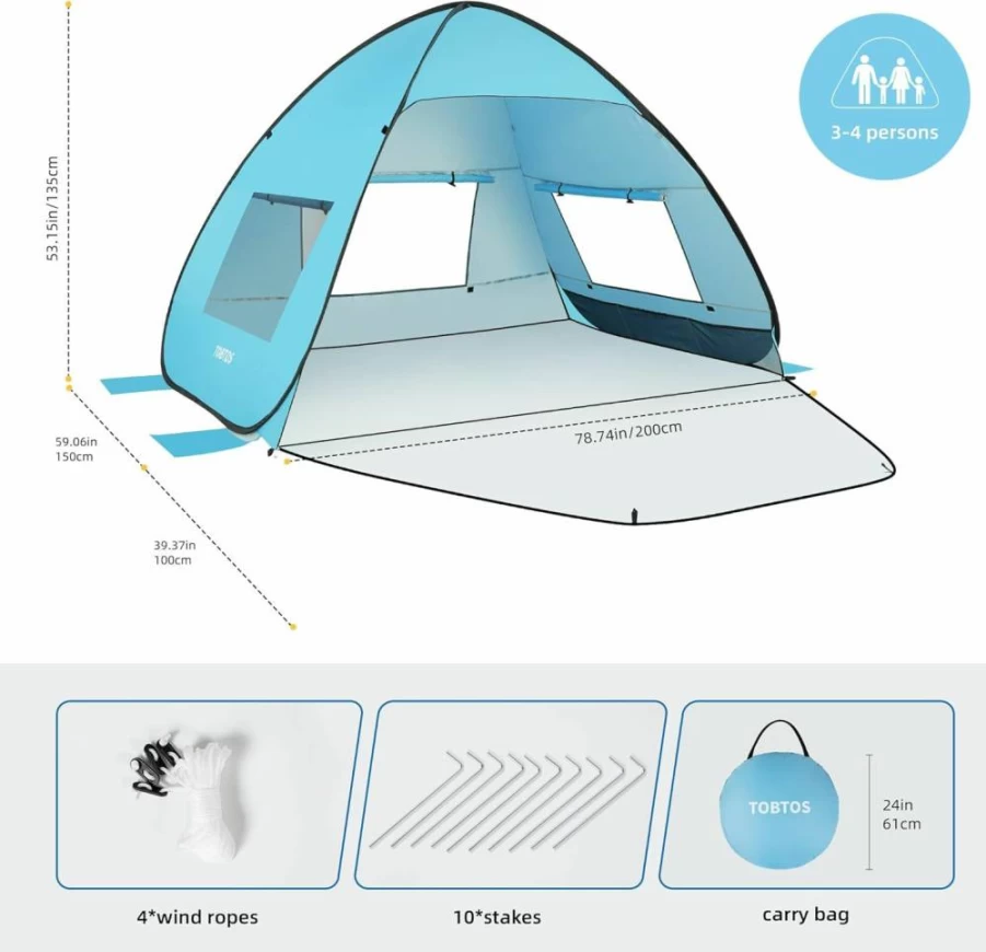 TOBTOS UPF 50+ Portable Beach Tent – Lightweight Sun Shelter for 2-3 People, Easy Setup Cabana with Carry Bag, UV Protection for Baby and Family