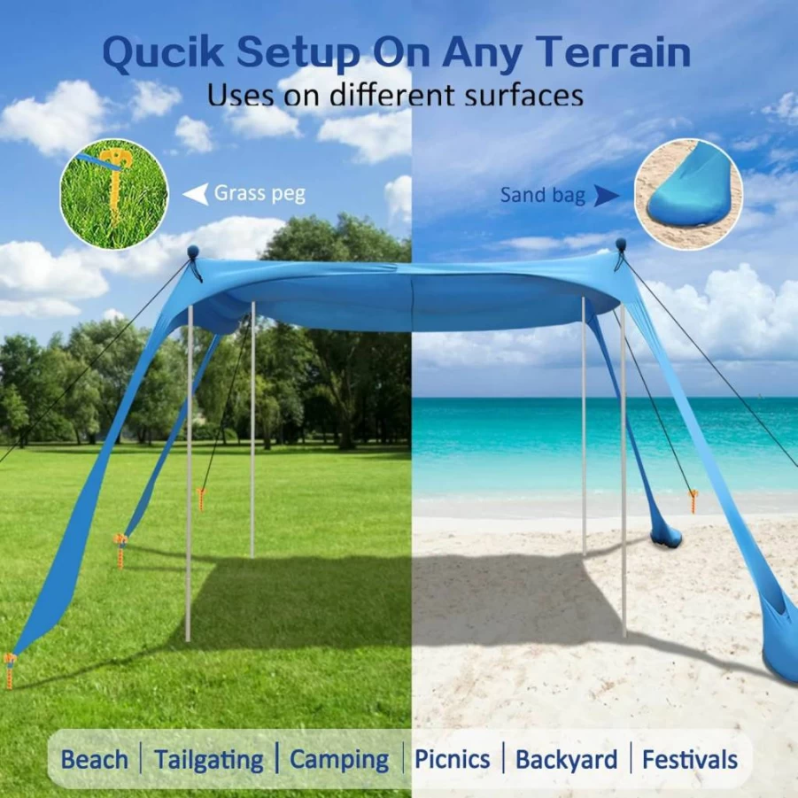 YENGIAM 11x11 FT Beach Canopy Tent UPF 50+ Sun Shelter with 4 Stability Poles, Easy Setup & Extra Windproof Rope for Family Camping, Outdoor Beach Shade