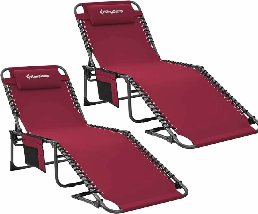 KingCamp Folding Outdoor Lounge Chair with Adjustable 5-Position Recline, Pillow & Portable Design for Beach, Pool, Patio, and Backyard – Lightweight & Comfortable Tanning Chaise in Beige