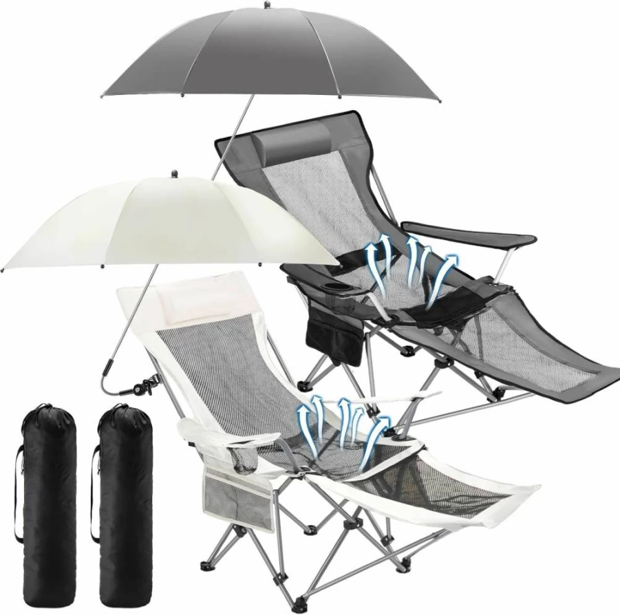 Yuntau 2-Pack Reclining Beach Chairs with SPF 50+ Umbrella, Adjustable High-Back Foldable Lounge Chairs for Adults, Includes Footrest, Cup Holder & Mesh Bag for Outdoor Camping, Patio, and Sand