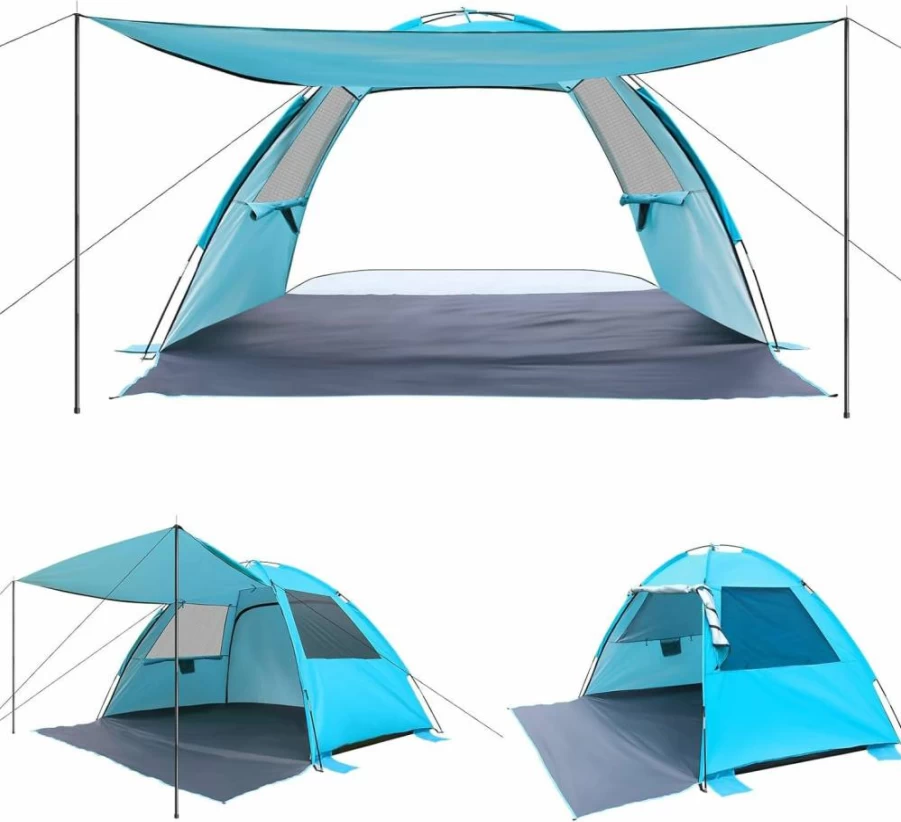DLUCKY Beach Tent for 1-6 People, UPF 50+ Sun Shelter with Extendable Floor & Awning, Lightweight Portable Sun Shade with Ventilation Windows, Easy Setup for Outdoor