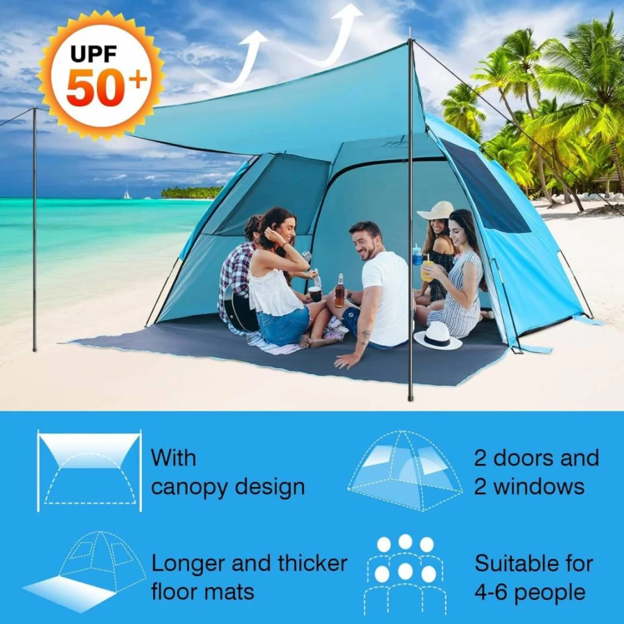 DLUCKY Beach Tent for 1-6 People, UPF 50+ Sun Shelter with Extendable Floor & Awning, Lightweight Portable Sun Shade with Ventilation Windows, Easy Setup for Outdoor