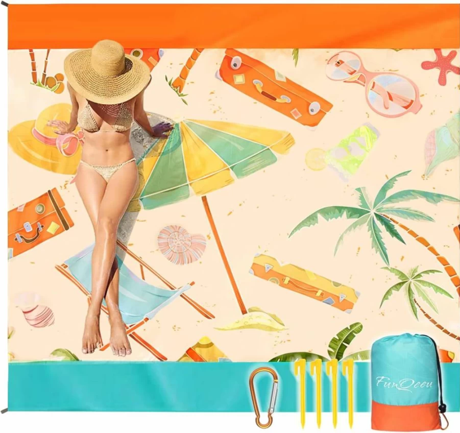 FunQeeu Oversized Beach Blanket 83"x79" - Waterproof, Sandproof, Lightweight & Quick-Drying Picnic Mat for 2-8 Adults, Outdoor Travel Essentials