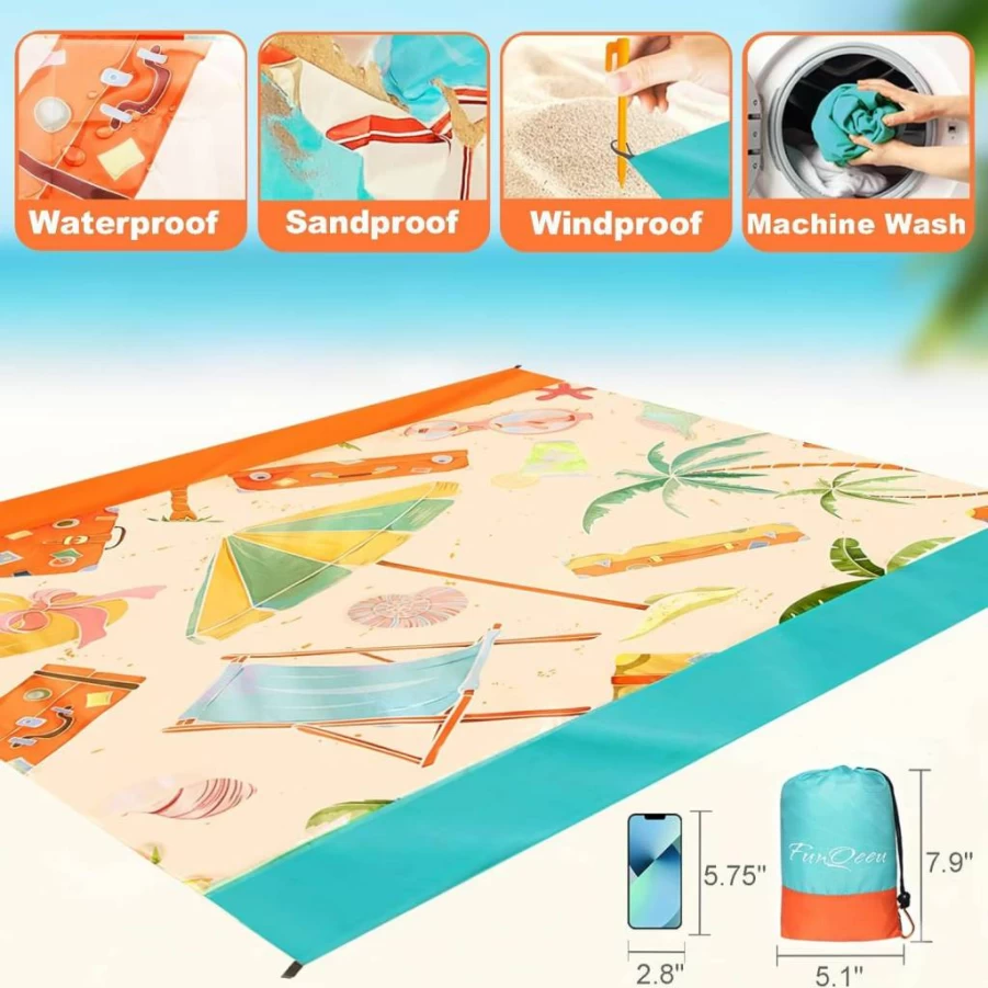 FunQeeu Oversized Beach Blanket 83"x79" - Waterproof, Sandproof, Lightweight & Quick-Drying Picnic Mat for 2-8 Adults, Outdoor Travel Essentials