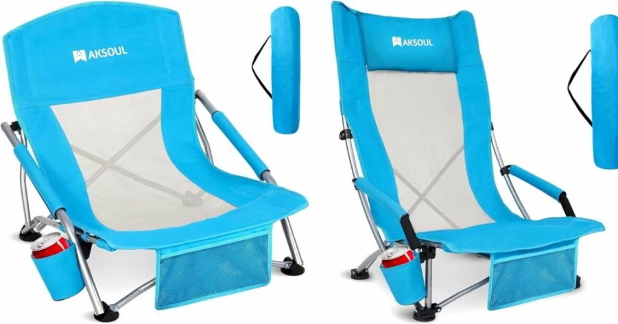 AKSOUL Portable Folding Beach Chair - Lightweight Camping Chair for Adults with Carry Bag, Wide Seat for Outdoor, Travel, Lawn, Concert & Beach