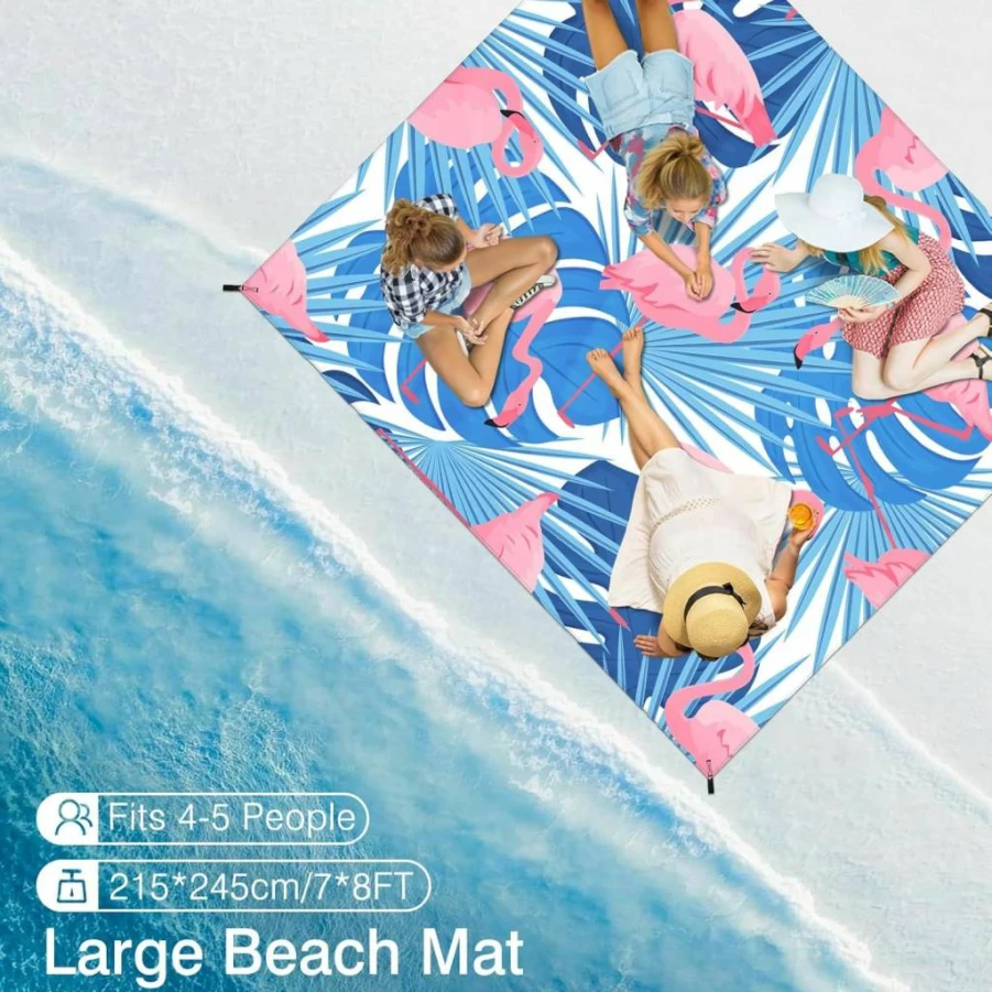 Rhino Valley 7' x 8' Sandproof Beach Blanket for Adults - Portable Picnic Mat with Carrying Bag & Stakes for Camping, Hiking, Travel - Quick Dry Outdoor Blanket (84" x 96")