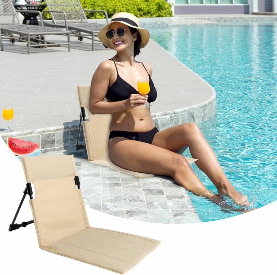 HKZTUY Lightweight Folding Floor Chair with Backrest - Portable Camping, Beach & Poolside Chair - 1.4 Lbs Steel Frame - Includes Carry Bag for Travel, Outdoor Relaxation (Beige, Small)