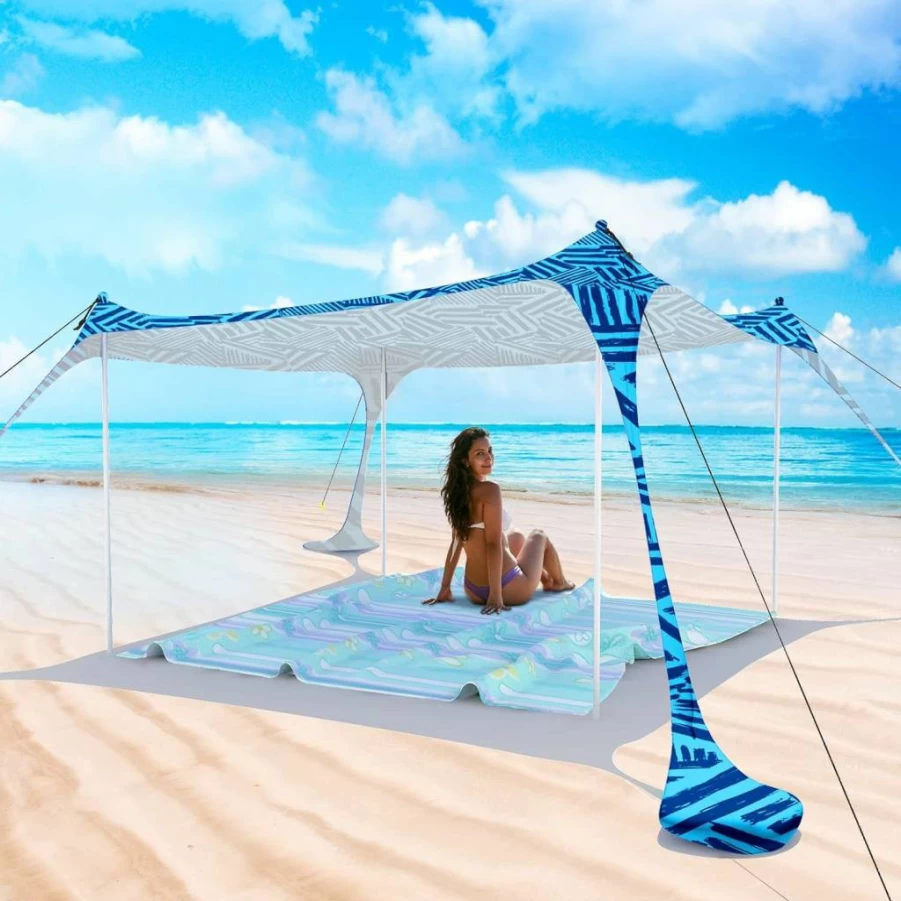 Zeepair 10Ft Royal Blue Beach Tent Pop Up Sun Shelter with UPF50+ Protection, 4 Stability Poles, Carry Bag, Sand Shovel & Windproof Ropes for Family Camping, Outdoor Activities
