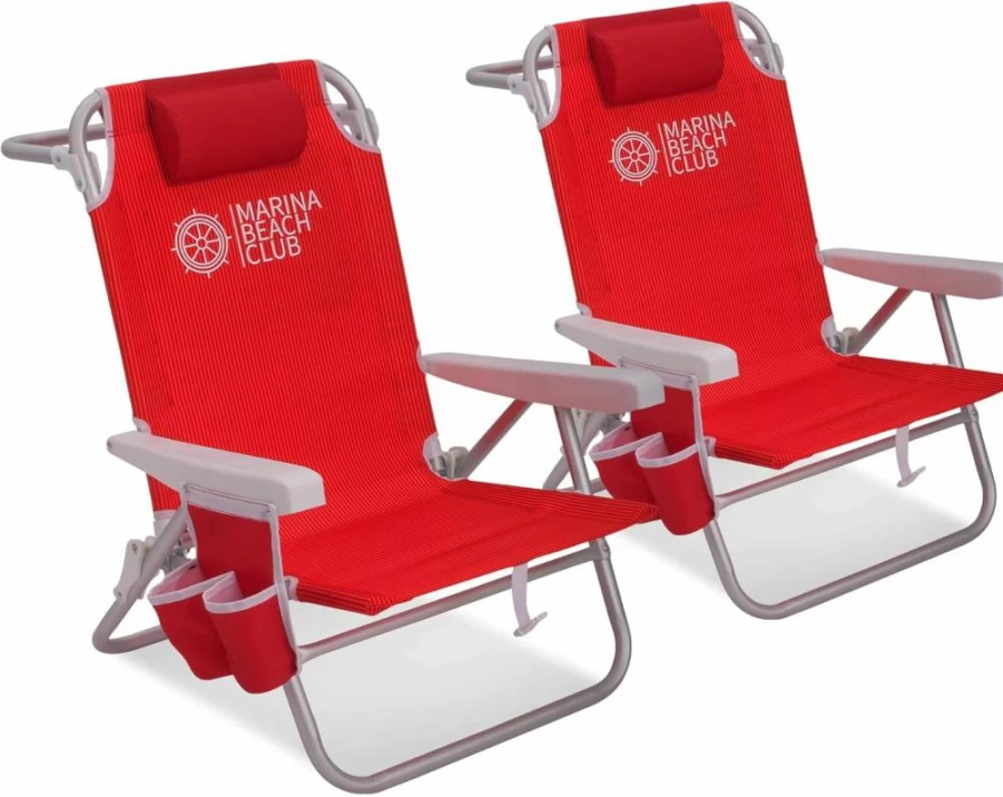 Marina Beach Club 2-Pack Red Backpack Beach Chairs – Lightweight, Durable & Ultra-Comfortable Portable Lounge Chairs