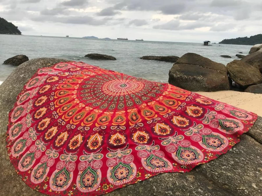 Raajsee Red Mandala Round Beach Blanket - 70 Inch Boho Cotton Throw for Yoga, Picnic, Home Decor, and Meditation, Hippie Tablecloth, Indian Rug