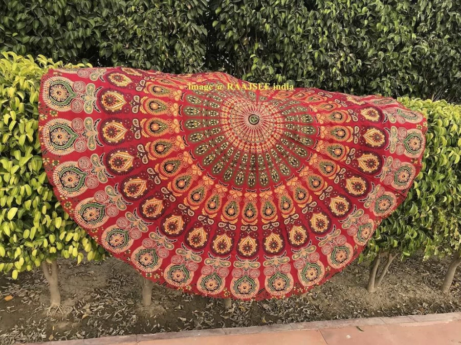 Raajsee Red Mandala Round Beach Blanket - 70 Inch Boho Cotton Throw for Yoga, Picnic, Home Decor, and Meditation, Hippie Tablecloth, Indian Rug