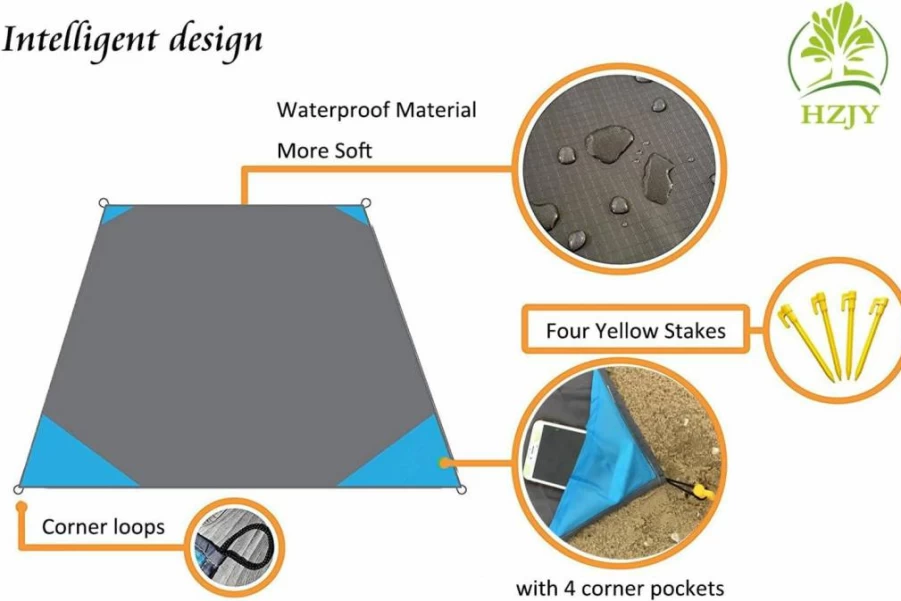 HZJOYUE Outdoor Sand Proof Pocket Blanket - 71"x55" Lightweight Beach Mat for Camping, Hiking, Travel with Pockets, Loops & Stakes, Portable Picnic Carabiner Blanket