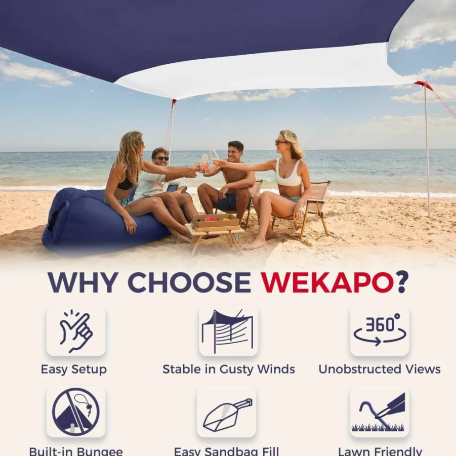 WEKAPO 7x7 FT Beach Tent Sun Shelter with UPF 50+ Protection, 4 Poles, Sand Shovel & Ground Pegs for Camping, Fishing, Outdoor Shade (Grey)