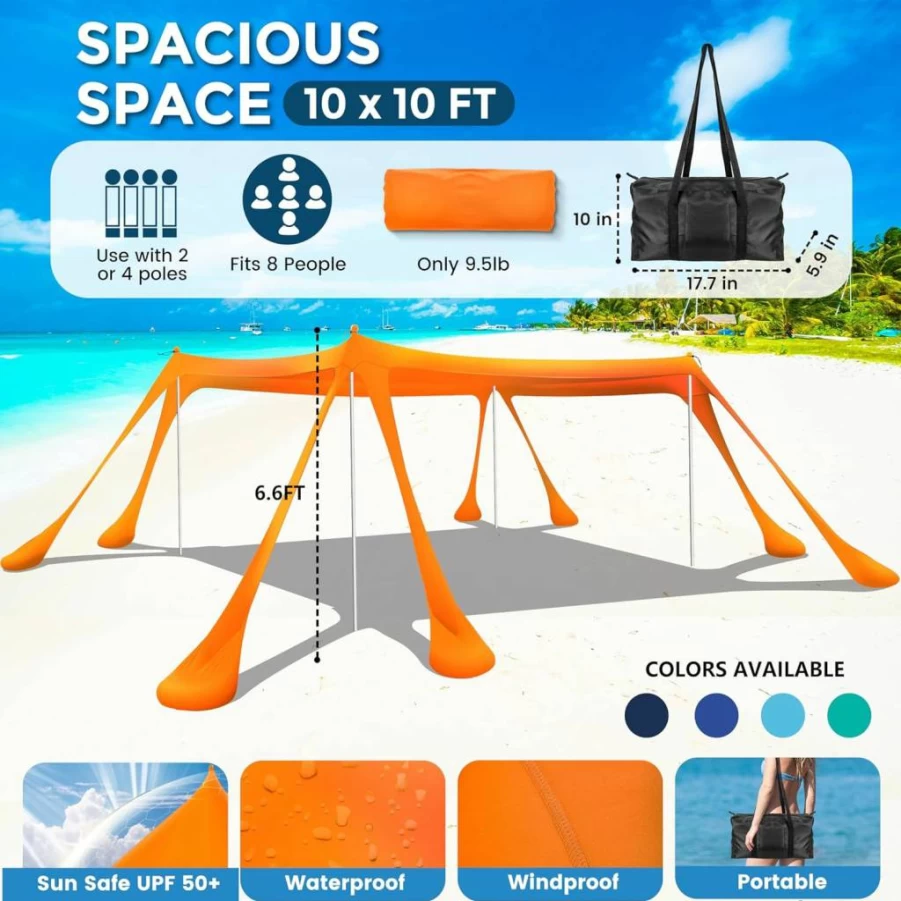 VIONMI 10x10FT Beach Canopy Tent with UPF 50+ Sun Protection, 8 Sandbags, 4 Aluminum Poles, Portable Carry Bag for Camping, Picnics, and Outdoor Activities