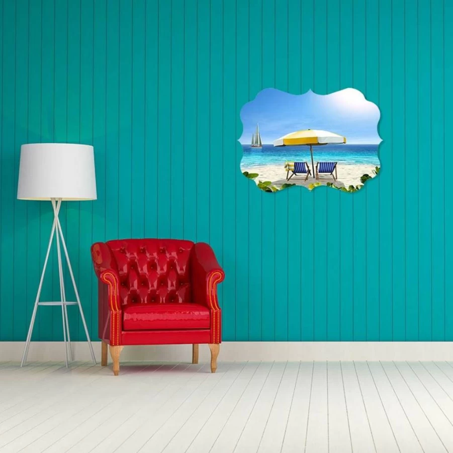 FantasticDeals 12x8 Inches Benelux Shape Horizontal Wall Art - Beach Scene with White Sand, Chairs & Tent, Home Decor Picture Frame