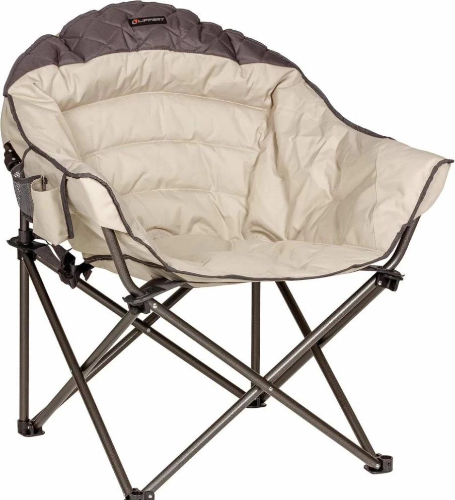 Lippert Components Big Bear Oversized Camping Chair - Heavy Duty 300LB Capacity, Dark Grey with Sand Accent, 600D Polyester & Powder Coated Steel Frame, Round Shape with Pillow Cushions