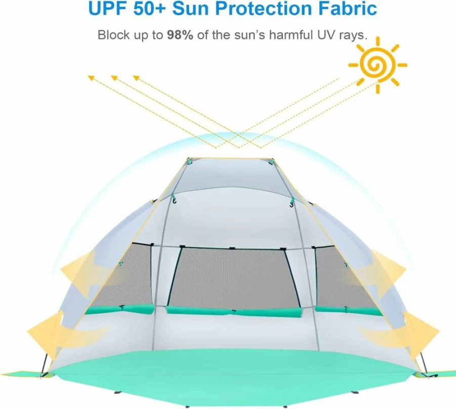 WolfWise 2-3 Person Beach Tent with UPF 50+ Sun Protection, Portable Sun Shade Canopy & Extendable Floor for Outdoor Travel