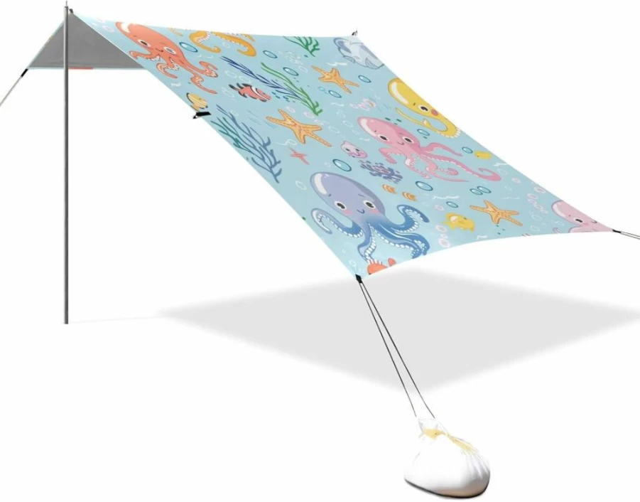 EtherSpher UPF50+ Foldable Beach Tent with Sand Shovel & Accessories - Water-Resistant Sun Shade for Camping, Fishing, Backyard - Cute Cartoon Sea Creatures Design