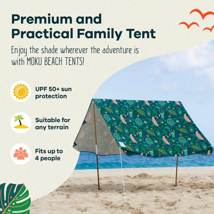 UPF 50+ Beach Canopy Tent by Moku Beach Co - Quick 3-Step Setup, Jungala Print - Includes Carry Bag, Poles, Stakes & Hammer - Portable Sun Shelter for Beach, Park, Camping