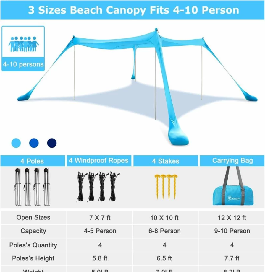 COMMOUDS Pop Up Beach Tent Sun Shelter - UPF 50+ Portable Sun Shade with Sandbags, Shovel & Windproof Poles for Camping, Picnics, Backyard