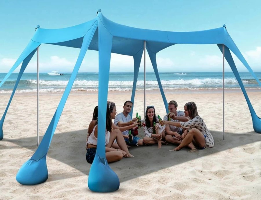 Rengue 10x10FT Beach Tent with UPF 50+ Sun Protection, Portable Canopy Shelter Includes Sandbags, Shovels & Stability Poles for Camping, Fishing, Picnics – Sky Blue