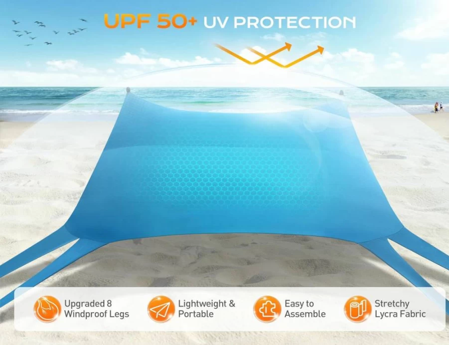 Rengue 10x10FT Beach Tent with UPF 50+ Sun Protection, Portable Canopy Shelter Includes Sandbags, Shovels & Stability Poles for Camping, Fishing, Picnics – Sky Blue