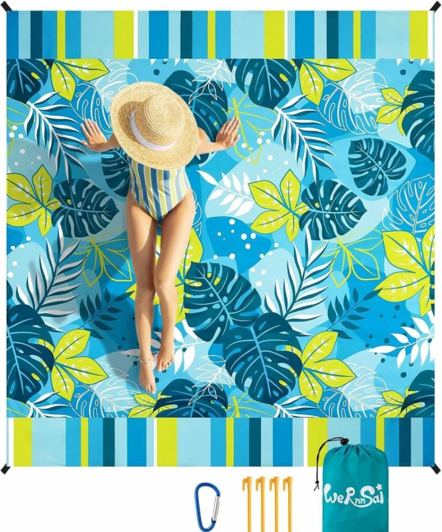 WERNNSAI Waterproof Beach Blanket - Extra Large 79x83 Inch Sandproof Picnic Mat with Stakes, Quick Dry Lightweight for Camping, Park, Outdoor Activities Blue Plant Design