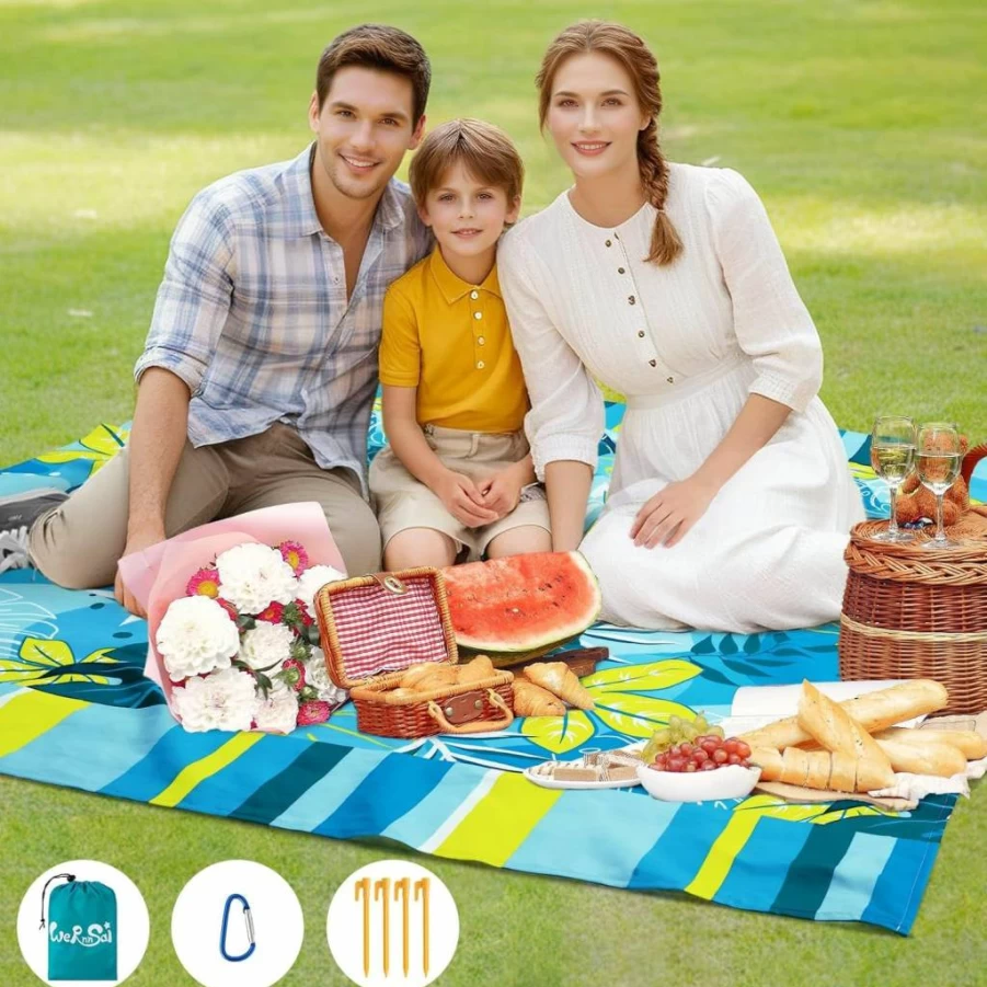 WERNNSAI Waterproof Beach Blanket - Extra Large 79x83 Inch Sandproof Picnic Mat with Stakes, Quick Dry Lightweight for Camping, Park, Outdoor Activities Blue Plant Design