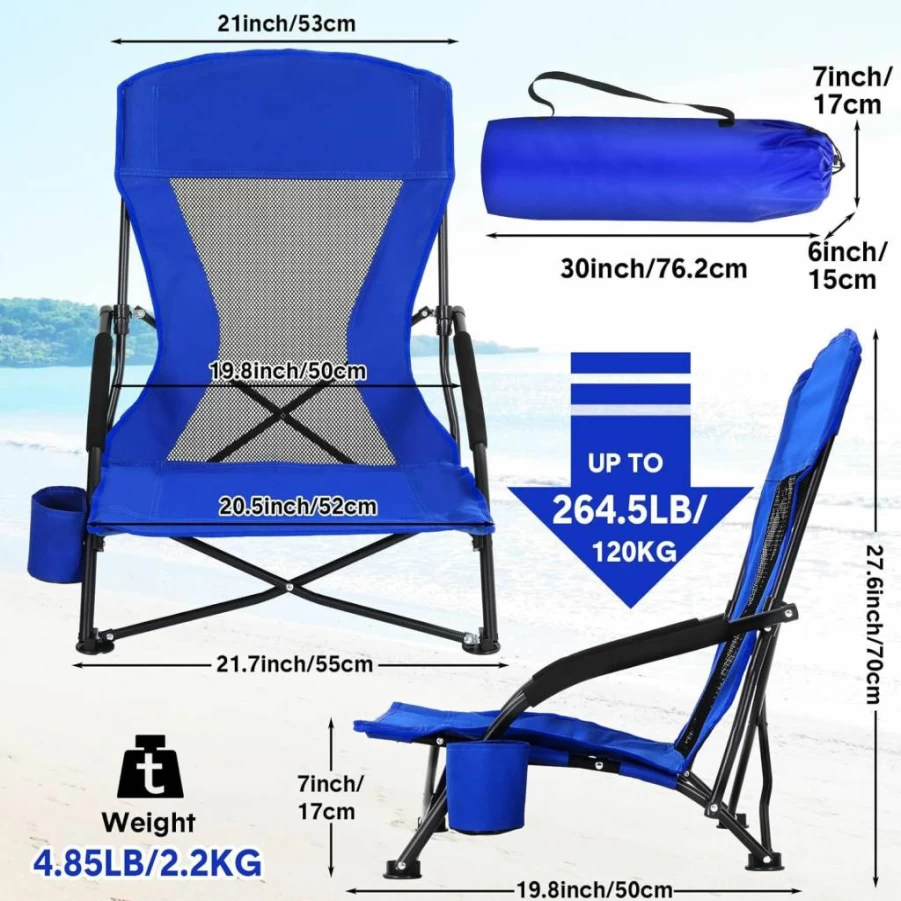 Menkxi 6 Pack Deep Blue Folding Beach Chairs for Adults - Portable High Back Sling Lawn Chairs with Cup Holder & Carry Bag for Travel, Camping, Picnic, Concert, Outdoor Events
