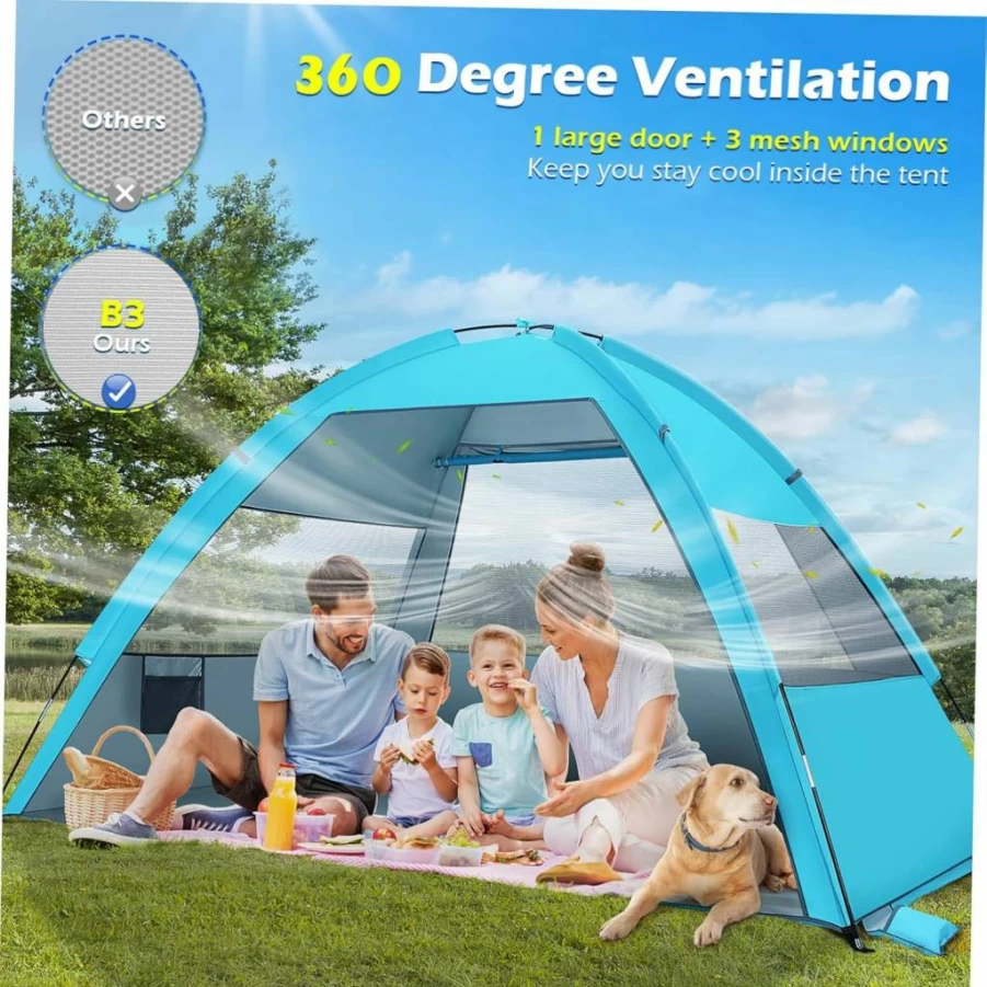 BESTonZON Large Portable Beach Tent for Camping & Hiking - Lightweight Sun Shelter with High-Density Mesh Windows, Carry Bag & Tent Pegs for Stability