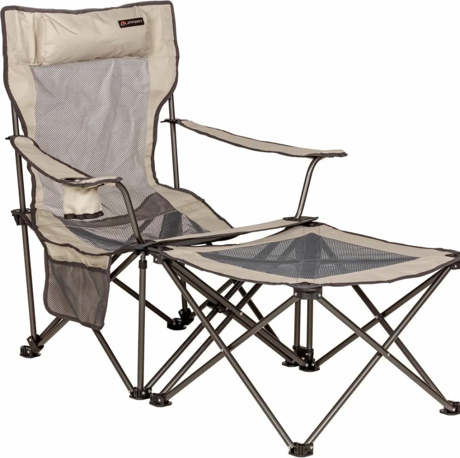 Lippert Components Sun Soaker Reclining Camping Chair with Footrest - 600D Polyester, Mesh Back & Seat, Padded Headrest, Cup Holder - 250lb Capacity - Sand Color (Model 2022114829)
