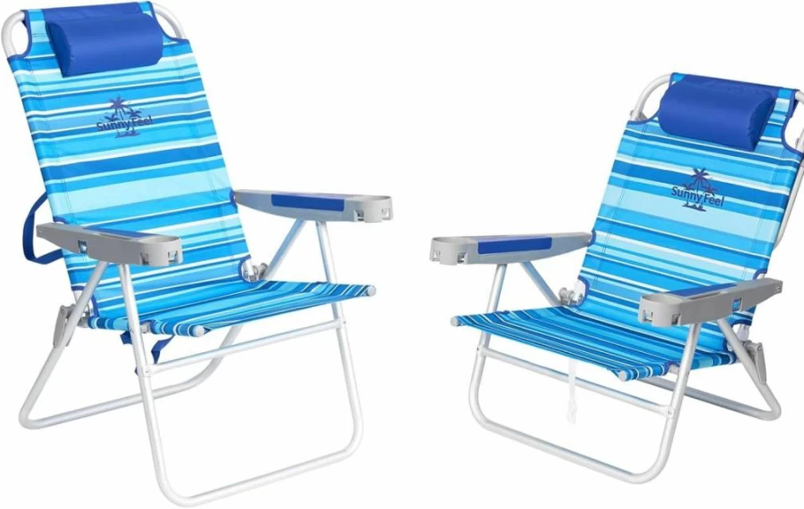 SUNNYFEEL 28-Inch Extra Wide Folding Beach Chair - 5-Position Recliner, Lightweight Portable Camping Chair with Cup Holder for Outdoor, Lawn, Travel & Picnic, Foldable Sand Chair for Adults
