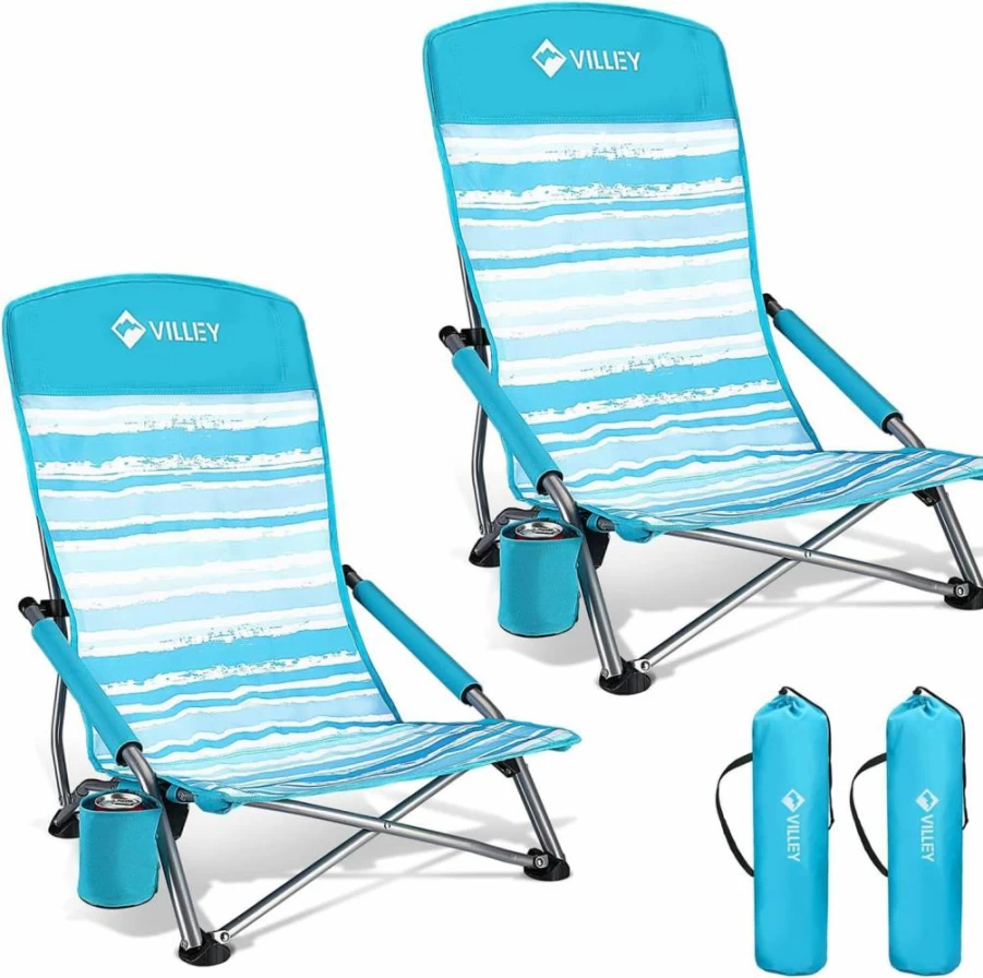 VILLEY High Back Folding Beach Chair - Lightweight Portable Outdoor Lounge Chair for Adults, Camping, Lawn & Music Festivals with Cup Holder & Carry Bag - Green Tropical Leaves Design