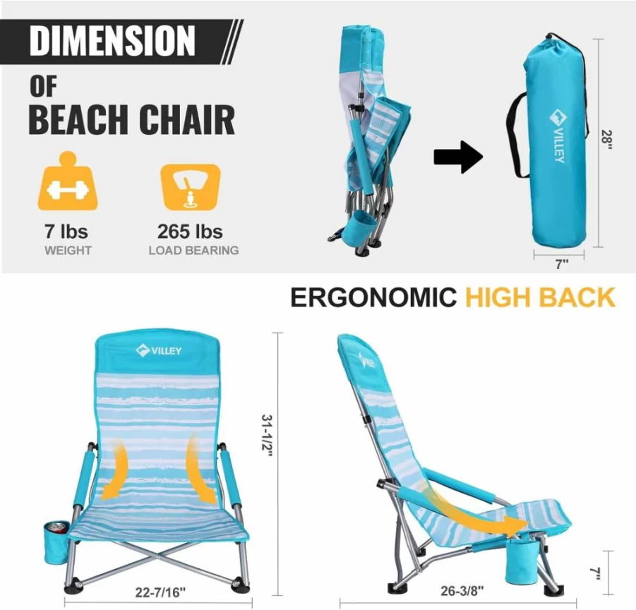 VILLEY High Back Folding Beach Chair - Lightweight Portable Outdoor Lounge Chair for Adults, Camping, Lawn & Music Festivals with Cup Holder & Carry Bag - Green Tropical Leaves Design
