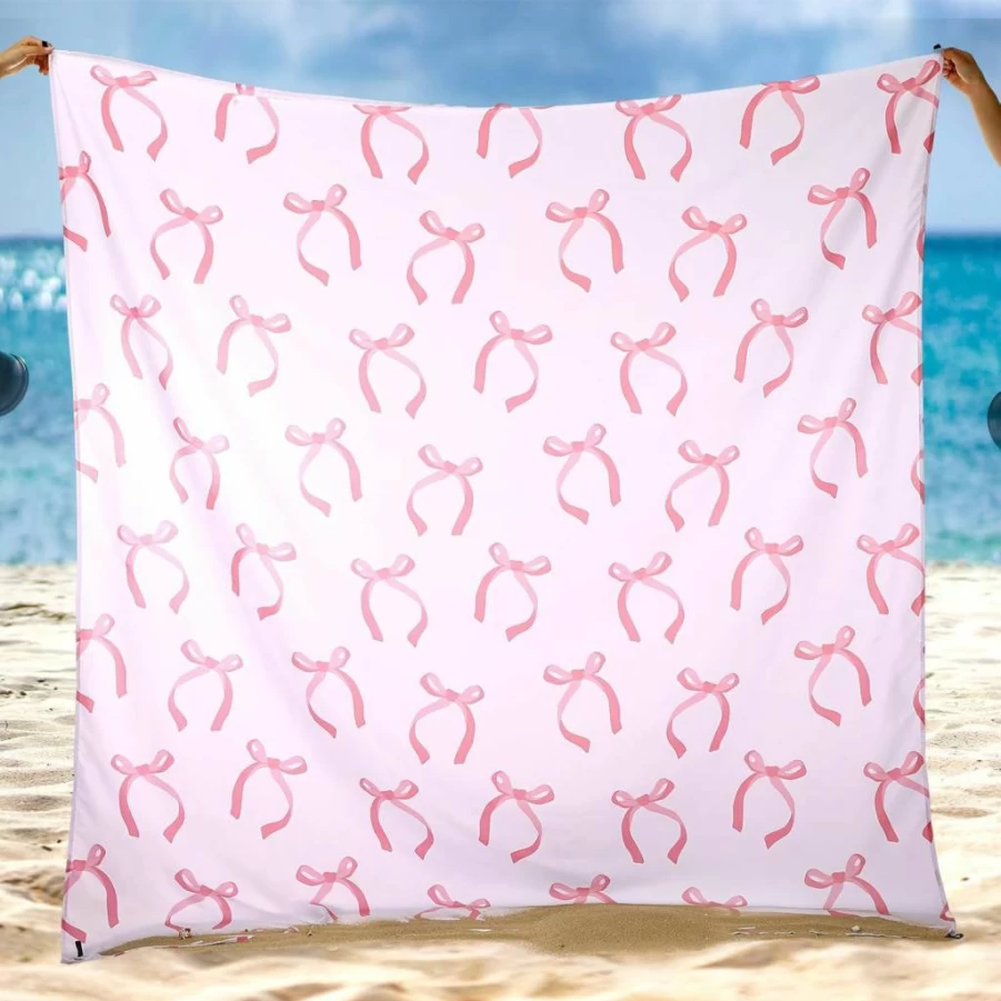 Drydiet Waterproof Sandproof Beach Blanket 79"x83" - Quick Dry Picnic Mat for Outdoor Camping, Hiking & Bachelorette Parties, Coquette Pink Bow Design