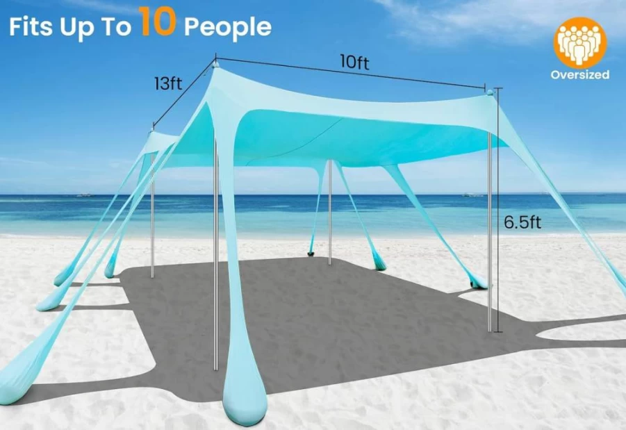 QOPOYU 13x10FT UPF50+ Beach Tent Sun Shelter with Sandbags, Shovel & Accessories – Portable Canopy for Camping, Fishing, Picnics, Outdoor Activities