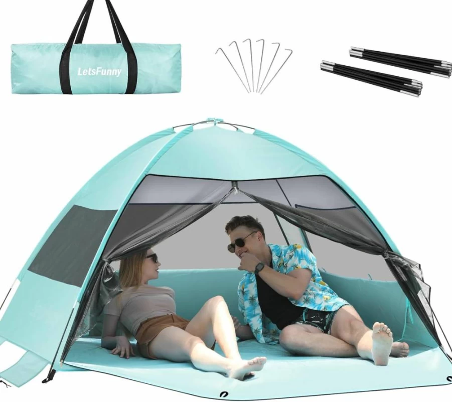 LetsFunny Large Beach Tent with UV Protection, Portable Sun Shade for 3-4 People, Easy Setup Camping Canopy with Mesh Windows & Extended Floor, Blue Outdoor Shelter for Fishing and Beach