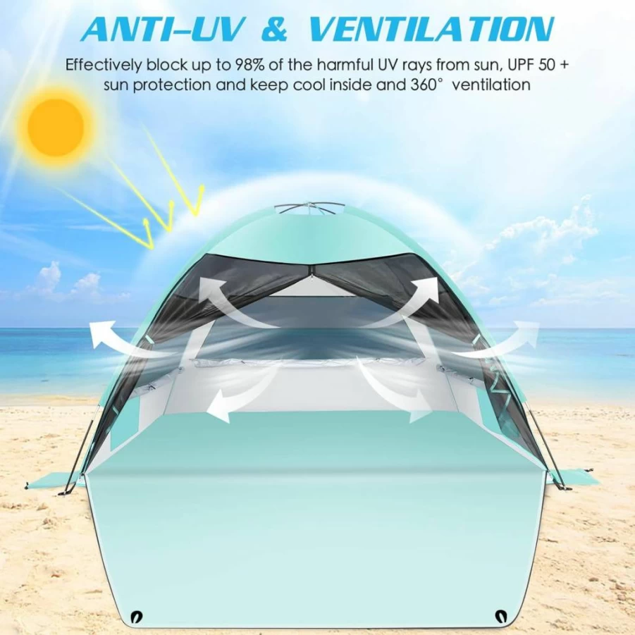 LetsFunny Large Beach Tent with UV Protection, Portable Sun Shade for 3-4 People, Easy Setup Camping Canopy with Mesh Windows & Extended Floor, Blue Outdoor Shelter for Fishing and Beach
