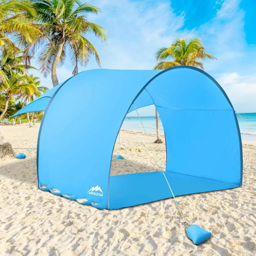 MAIZOA 4-6 Person Beach Tent – Extra Large 122x106x87 Inches, UV Protection & 360 Ventilation, Foldable Compact Design with Sandbags, Side Pockets & Included Beach Mat for Optimal Stability