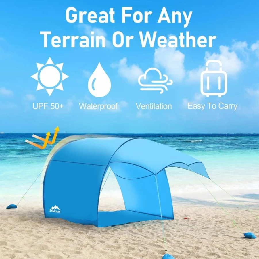 MAIZOA 4-6 Person Beach Tent – Extra Large 122x106x87 Inches, UV Protection & 360 Ventilation, Foldable Compact Design with Sandbags, Side Pockets & Included Beach Mat for Optimal Stability