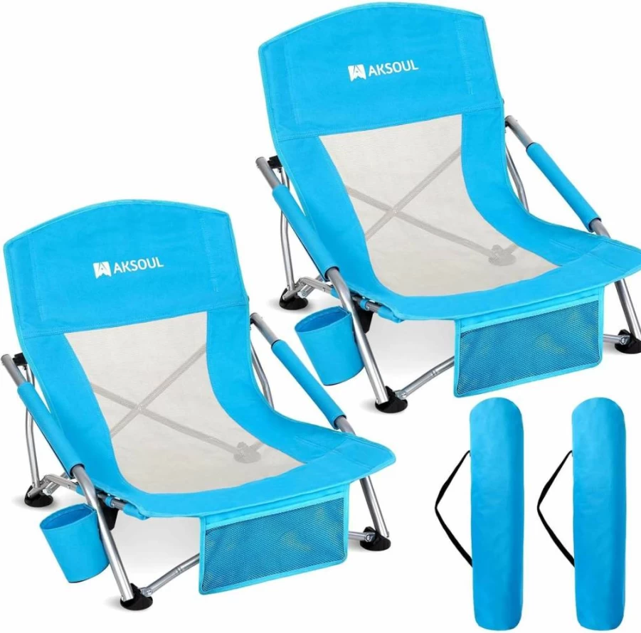 AKSOUL Portable Folding Beach Chair for Adults - Adjustable High/Low Back, Extra Wide Seat with Pillow & Storage Pocket, Includes Carry Bag (Blue, 1 or 2 Pack)