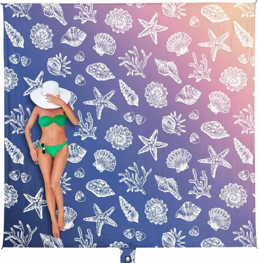 WEKAPO Waterproof Sandproof Beach Blanket - Extra Large 8x7 Ft Portable Mat with Stakes & Storage Bag for Outdoor, Picnic, Camping - Coral Sea Shells Design (1-4 Person)