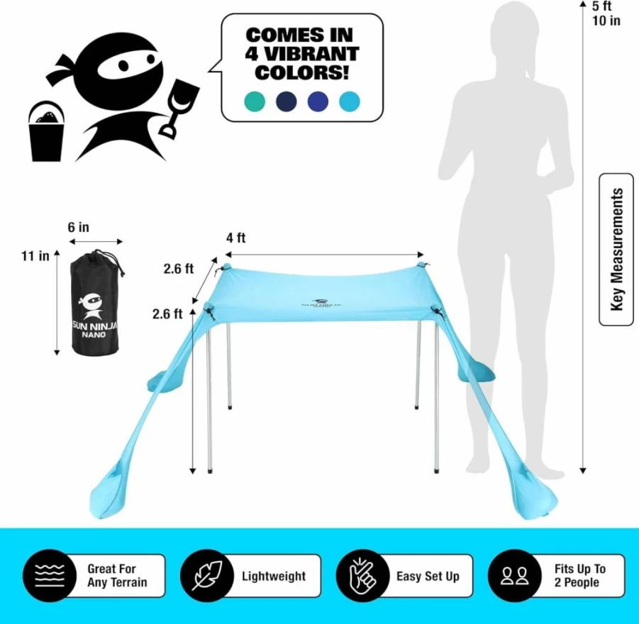 SUN NINJA Mini Beach Tent - UPF50+ Portable Sun Shelter for Adults, Family & Pets, Compact Shade with Carry Bag for Beach Outings