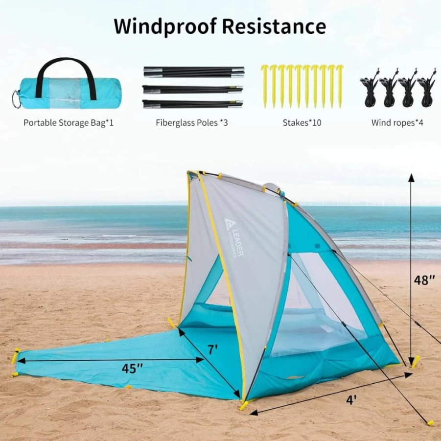 Leader Accessories 2-3 Person Beach Tent with UPF 50+ Sun Protection, Portable Sun Shelter Canopy & Extendable Floor, Lightweight Blue Shade for Outdoor Travel