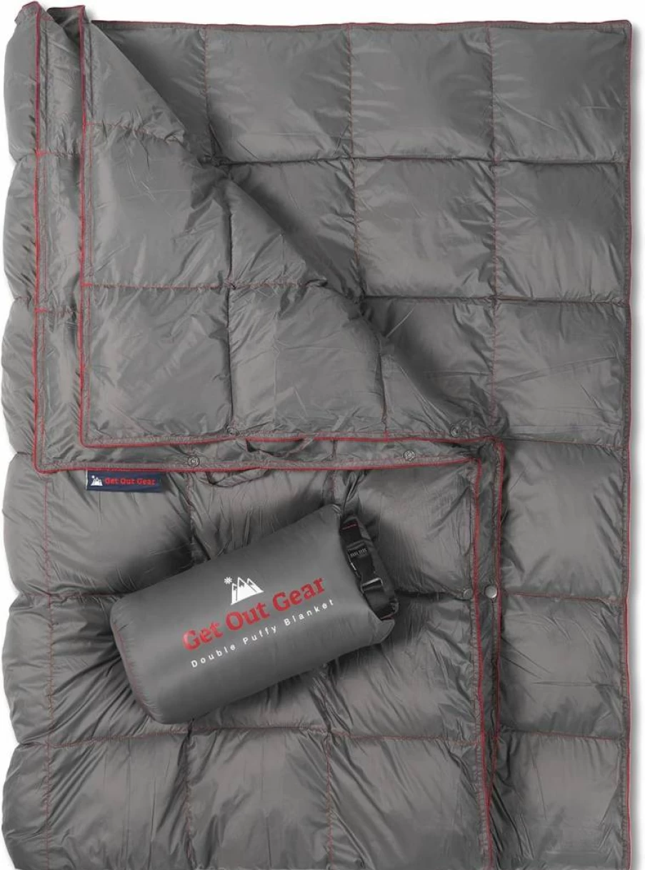 Get Out Gear Double Puffy Camping Blanket - Ultra Warm, Lightweight & Water-Resistant, Compact for Travel, Hiking, Beach, Stadium | Teal Blue/Gray Outdoor Quilt
