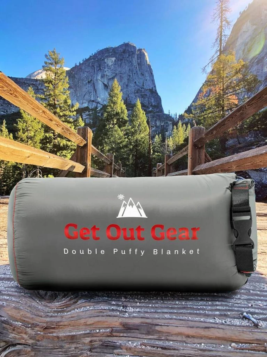 Get Out Gear Double Puffy Camping Blanket - Ultra Warm, Lightweight & Water-Resistant, Compact for Travel, Hiking, Beach, Stadium | Teal Blue/Gray Outdoor Quilt
