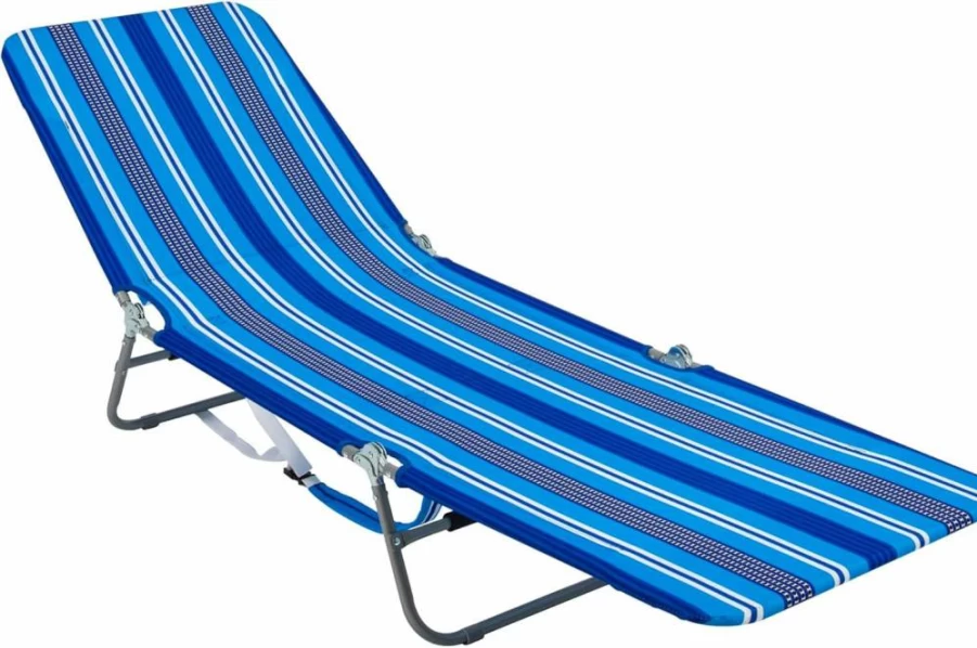 Rio Brands Portable Folding Beach Chair with Backpack Straps, Lay Flat Lounge Chair & Storage Pouch, Blue Stripe – Lightweight for Travel & Outdoor